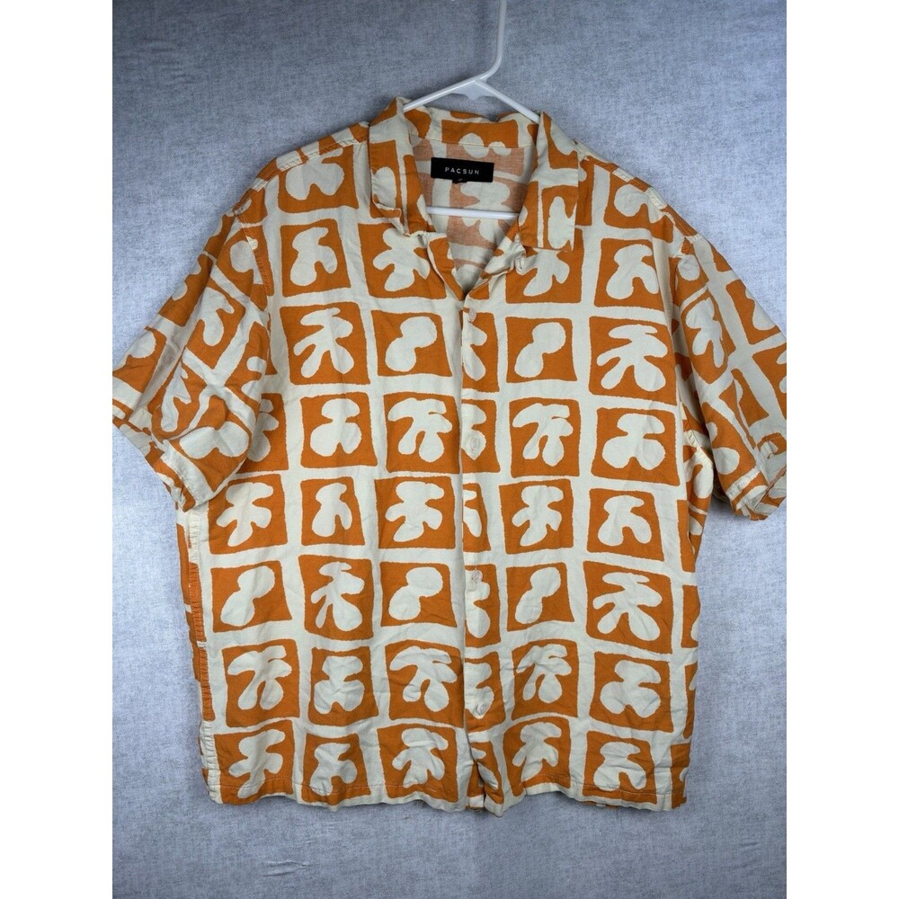 PACSUN Mens Orange and Cream Rayon Short-Sleeve Collar Button-Down Shirt L Beach